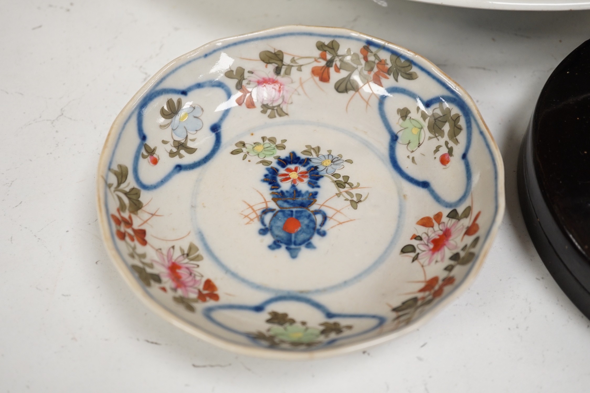 Japanese export wares, including a charger and a lacquer cased hors d’oeuvres set (5), charger 45cms diameter
